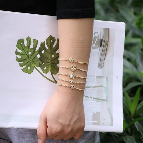 Moda Rame Zirconia Malocchio Braccialetto Per Donna Regolabile Placcato Oro Cuore Stella Geometrico Charm Braccialetto Gioielli Regalo