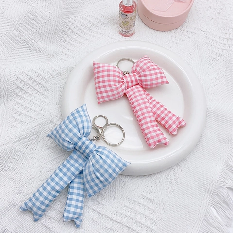 Plaid Bow Keychain Fabric Gingham Bowknot Bag Charm Cute INS Style Alloy Hook For Girls Car Key Accessory