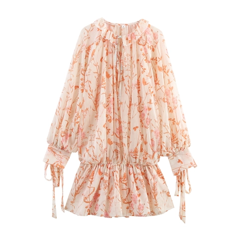 Mini Abito In Chiffon Floreale Manica Lunga Collo Con Lacci Volant Boho Vita Alta Albicocca Motivo Botanico