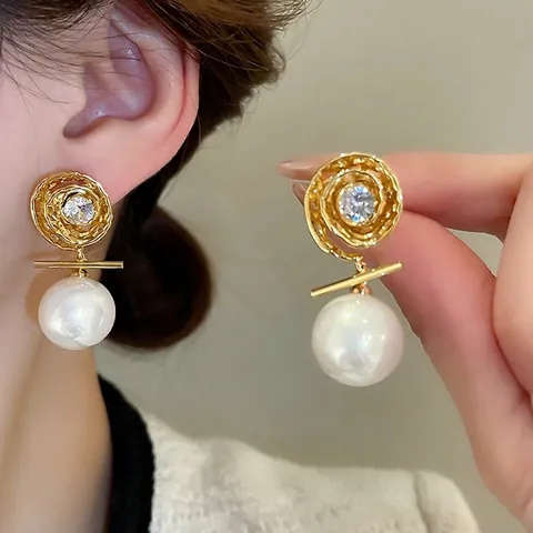 Vintage Gold Plated Copper Drop Earrings With Cubic Zirconia Artificial Pearl And 925 Sterling Silver Earring Post For Women
