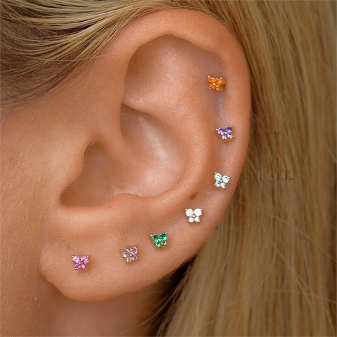 Butterfly Flower Ear Studs Copper Plated Gold Colorful Zircon Piercing Jewelry Screw Ball Back Earring For Women