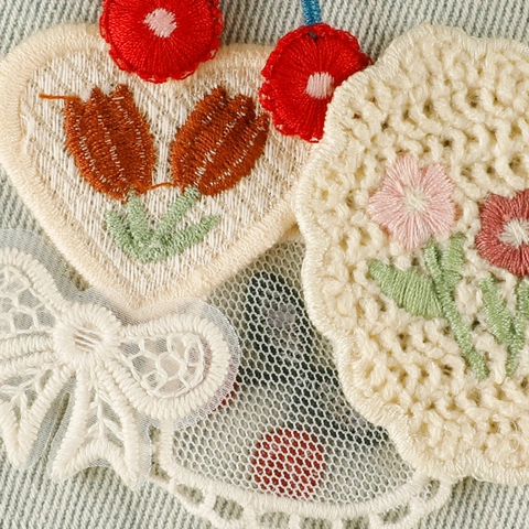 Floral Embroidery Patches Cherry Heart Bow DIY Clothing Applique Decorative Lace Crochet Sew On Iron On Accessories