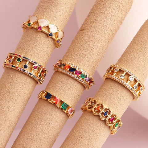 Colorful Zircon Hollow Geometric Open Ring Copper Gold Plated Adjustable Finger Jewelry For Women Ins Style Niche Design