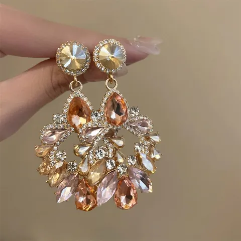 Teardrop Hollow Dangle Earrings With Multi Color Crystal Rhinestone And Silver Earring Post Vintage Luxury Style