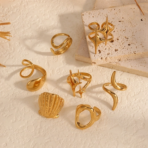Geometric Open Rings For Women 18K Gold Plated Stainless Steel Minimalist Adjustable Non-Fading Jewelry Star Shell Snake Shapes