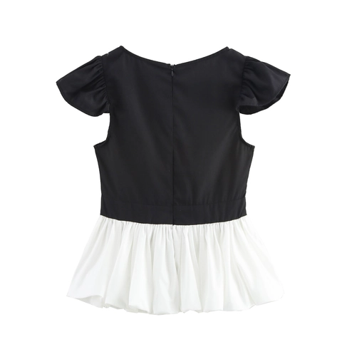 Women V Neck Blouse Top Polyester Flutter Sleeve Color Block Peplum Hem Hollow Out Preppy Style