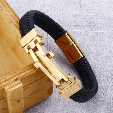 Men Woven Leather Bracelet With 316L Stainless Steel Geometric Clasp Industrial Punk Magnetic Buckle Jewelry Accessory