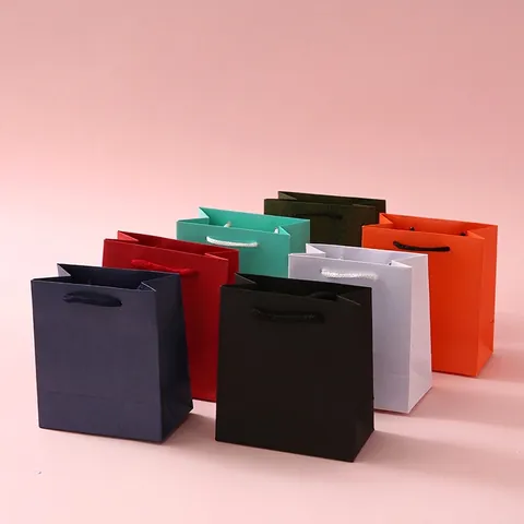 Jewelry Gift Paper Bag Portable Cardboard Tote With Braided Rope Handle Solid Color Packaging For Wedding Party