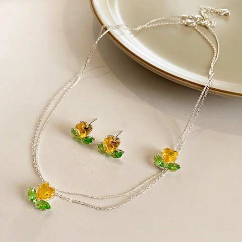 Elegant Heart Flower Zircon Necklace And Stud Earrings Jewelry With Silver Earring Post Copper Yellow Green Gemstones