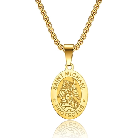 Saint Michael Protector Medal Pendant Necklace Stainless Steel Religious Amulet Guardian Angel Oval Pendant Necklace Jewelry Gift For Men Women