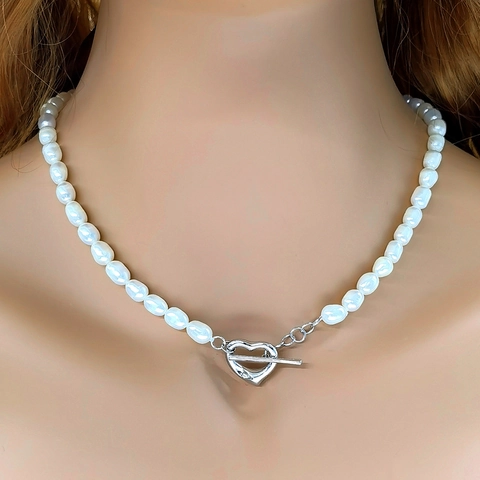 Collana in Argento Sterling 925 con Perle d'Acqua Dolce da Donna Elegante Choker con Chiusura a Cuore Set Bracciale