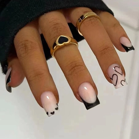 Press On Nails ABS Black French Heart Pattern Long Square Style Valentine's Day Sweet Cool Women Manicure Accessory
