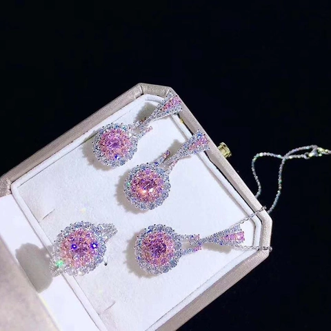 Juego de Joyas de Lujo de Cobre Circonia Redonda Halo Collar Colgante Pendientes y Anillo Rosa Amarillo Cristal Mujer Boda