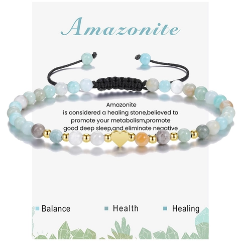 Natural Stone Beaded Bracelet With Heart Pendant Adjustable Healing Energy Handmade Jewelry For Women Amazonite Amethyst Rose Quartz