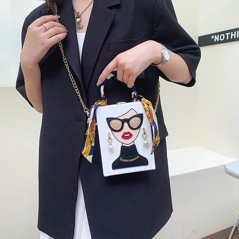 Bolso De Mano Tipo Caja Para Mujer En Cuero PU Con Patrón De Cara De Dibujo Animado Asa De Pañuelo Perlas Artificiales Cadena Metal Retro