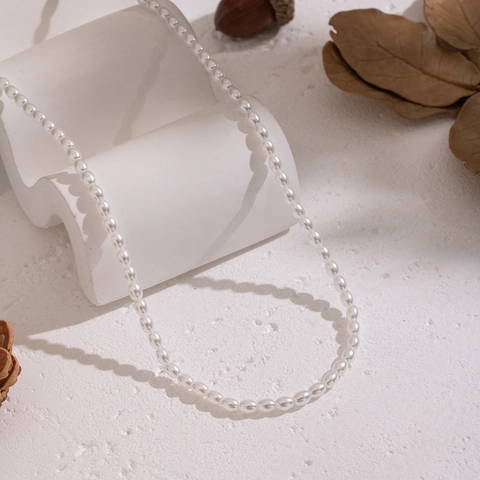 Handmade Artificial Pearl Necklace Beaded White Rice Artificial Pearls Waterproof 18K Gold Plated Stainless Steel Retro Clavicle Jewelry Women