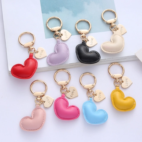 Leather Heart Keychain With Love Engraved Metal Tag Cute Bag Charm Pendant Aesthetic Accessory For Women Girls
