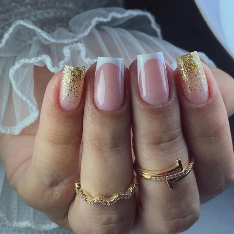 French White Tip Press On Nails Gold Glitter Gradient Nude Pink Long Square Fake Nails Elegant Artificial Manicure Women