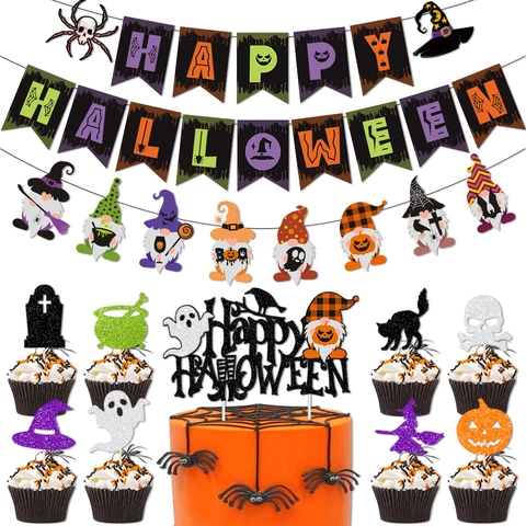 Decorazione Per Festa Di Compleanno Di Halloween Banner Di Carta Cake Topper Fantasma Gnomo Zucca