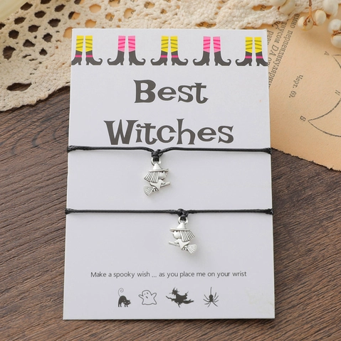 Braccialetto Strega Halloween Ciondolo Lega Cordino Cera Regolabile Carta Regalo Best Witches