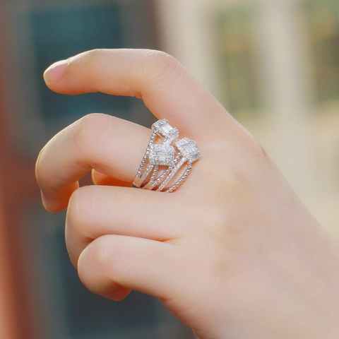Luxury European Style Copper Open Ring With AAA Zirconia Micro-set Hollow Multilayer Design Gold Silver Jewelry For Women