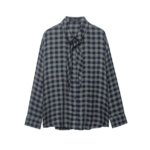 Elegant Women Plaid Blouse Long Sleeve Bow Tie Collar Button Down Casual Fashion Checked Shirt Polyester Spring Top