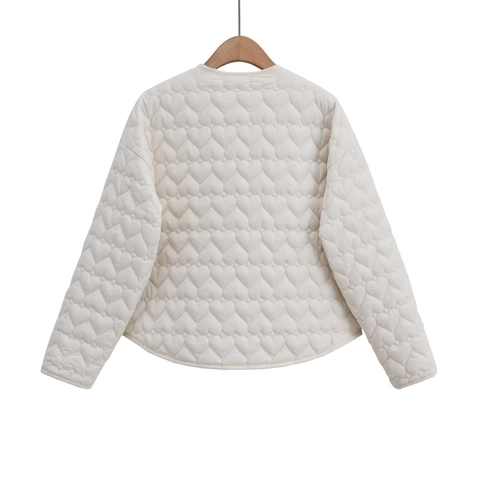 Women Heart Shaped Quilted Jacket Round Neck Single Breasted Lightweight Solid Color Long Sleeve Coat Outwear
