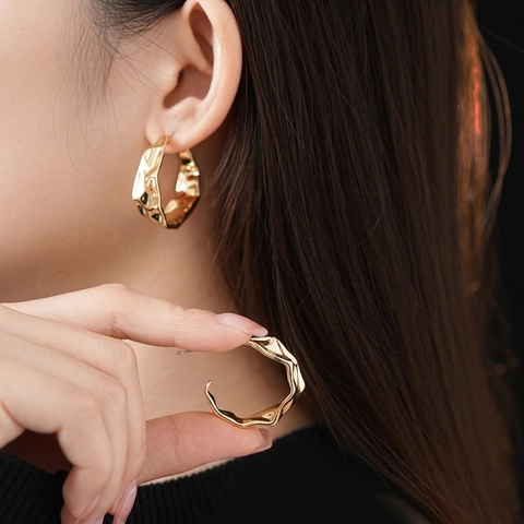 Irregular Textured Hoop Earrings With Silver Earring Post Crumpled C Shaped Gold Minimalist Chic Jewelry For Women