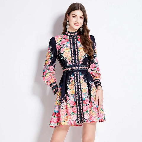 Women Floral Print Mini Dress Polyester Stand Collar Long Lantern Sleeve Single Breasted Retro Elegant Office With Belt