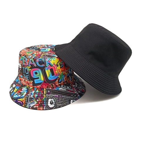 Vissershoed Polyester Retro 90s Graffiti Cassette Print Zonbescherming Dubbelzijdig Outdoor Voor Heren Dames Nieuwigheid