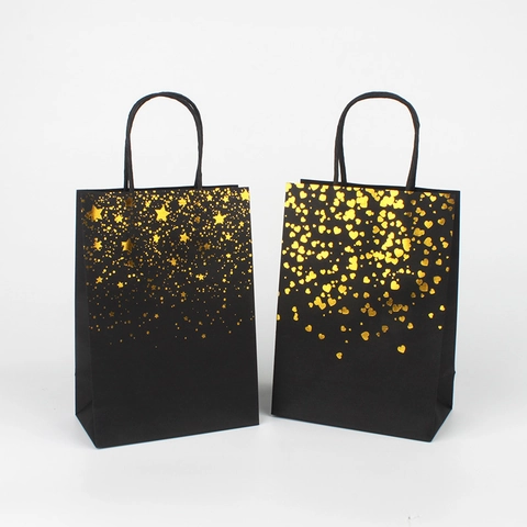 Kraft Paper Gift Bags With Handles Gold Foil Stamping Star Heart Clover Patterns For Wedding Party Celebration Packaging
