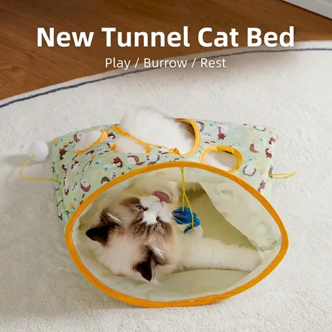 Interactive Collapsible Cat Tunnel Toy Polyester Crinkle Paper Pet Play Bag With Hanging Plush Ball Cartoon Print Indoor