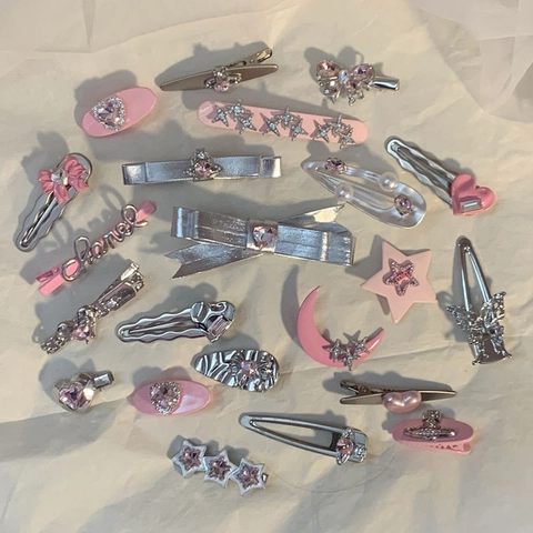 Y2K Punk Hair Clips Sweet Heart Star Rhinestone Alloy Bangs Side Pin Faux Artificial Pearl Chain Tassel Durian Shape Headwear Styling