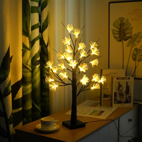 Lámpara Árbol De Flores De Fibra Óptica LED Alimentada Por USB Blanco Cálido Abedul Decorativa Para Navidad Hogar Escritorio