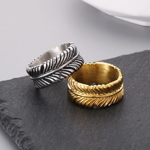 Vintage Feather Ring 316L Stainless Steel Textured Punk Fashion Jewelry For Men