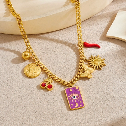 Edelstahl Multi Charms Halskette Vergoldet Emaille Böser Blick Quadratischer Anhänger Sonne Mond Kirsche Schmetterling Chili Schmuck