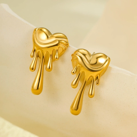 Pendientes de Corazón Derretido de Acero Inoxidable Chapado en Oro 18K Vintage para Mujer Pendientes de Botón de Metal Líquido Derretido Joyería de Moda Estilo ins