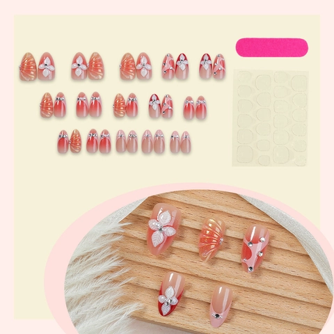 Glossy Gradient Pink Press On Nails 3D Flower Artificial Pearl Rhinestone Long Almond Artificial Fingernails With Adhesive Tabs And File