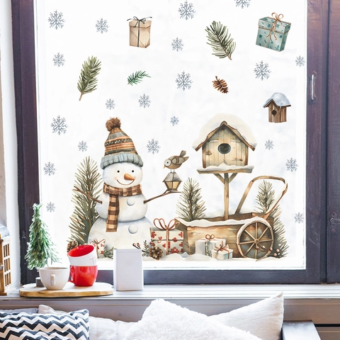 Kerst Muurstickers Sneeuwpop Vogelhuisje Sneeuwvlokken Aquarel PVC Verwijderbare Vensterstickers Home Holiday Decoratie