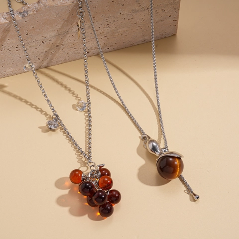 Collier Pendentif Géométrique Raisin Vintage Résine Zircon Double Couche Longue Chaîne De Pull Bijoux Style Maillard Rétro Pour Femmes