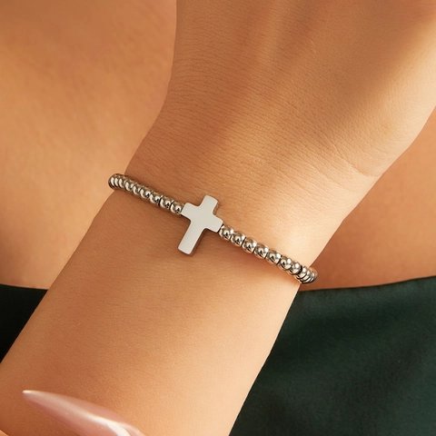 Pulsera Minimalista de Acero Inoxidable con Colgante de Cruz de Cuentas para Mujer Ajustable Oro Plata Joyería de Moda