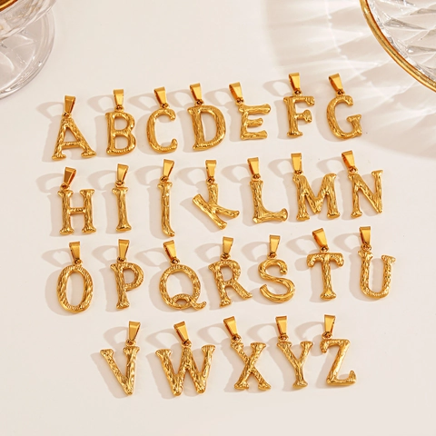 Ciondoli Con Lettere Iniziali Alfabeto In Acciaio Inossidabile Placcato Oro Sottovuoto Texture Corteccia Gioielli Fai Da Te