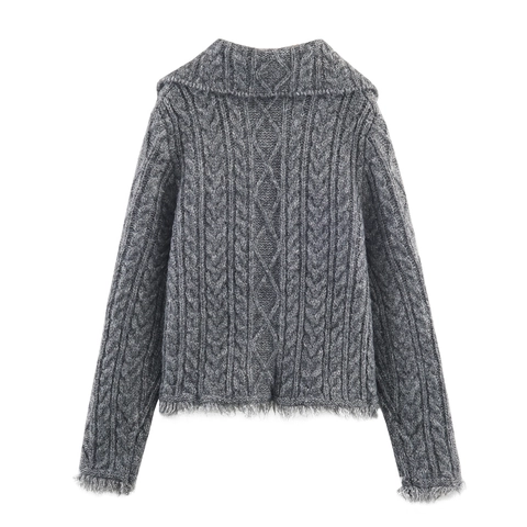 Gilet En Tricot Torsadé Femme Gris Manches Longues Col À Revers Ourlet À Franges Décontracté Doux Chaud Pull