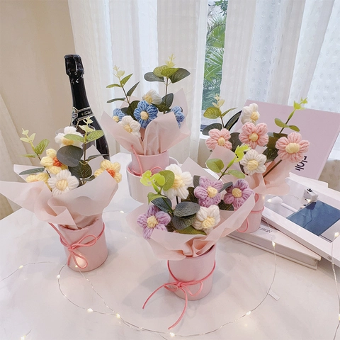 Bouquet De Fleurs Au Crochet Fait Main Arrangement Floral Artificiel En Fil Tricoté Avec Lumière LED Sac Cadeau Pour Fête Des Mères Professeur Remise Des Diplômes