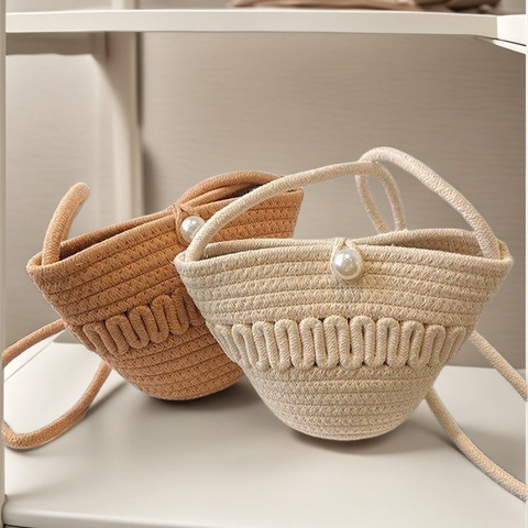 Handmade Woven Bucket Bag Cotton Thread Straw Style Crossbody Shoulder Purse With Faux Artificial Pearl Button For Women Summer Beach