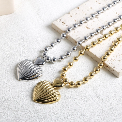 Collana E Orecchini A Cuore In Acciaio Inossidabile Texture A Conchiglia Pendente A Costine Catena A Sfere Gioielli Di Moda Per Donna