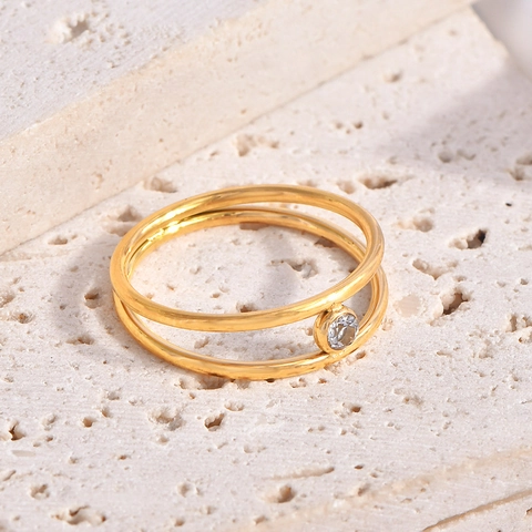 Double Layer Open Ring Titanium Steel Zircon Geometric Minimalist Gold Plated Jewelry For Women Niche Ins Style