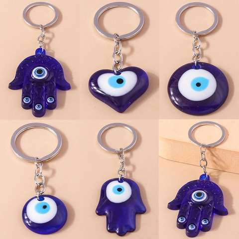Blauer Evil Eye Hamsa Hand Schlüsselanhänger Harz Schutz Nazar Herz Rund Taschenanhänger Zubehör Für Damen Herren
