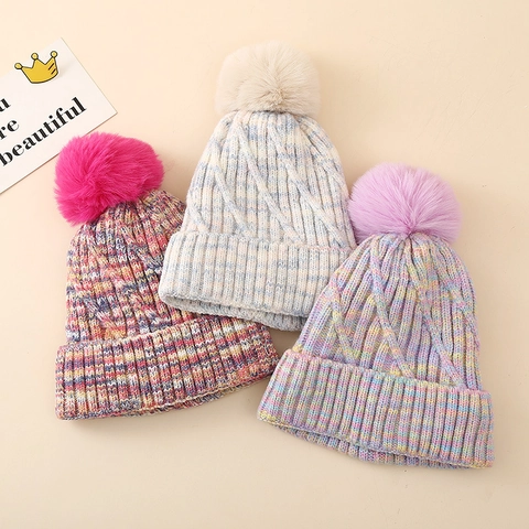 Kids Winter Knitted Beanie Hat Gradient Colorful Fleece Lined Warm Skiing Cap With Faux Fur Pom Pom For Girls Boys