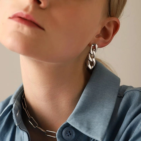 Orecchini a Catena Cuban Link Punk per Donna Orecchini a Lobo in Acciaio Inossidabile Placcato Oro Argento Gioielli di Moda